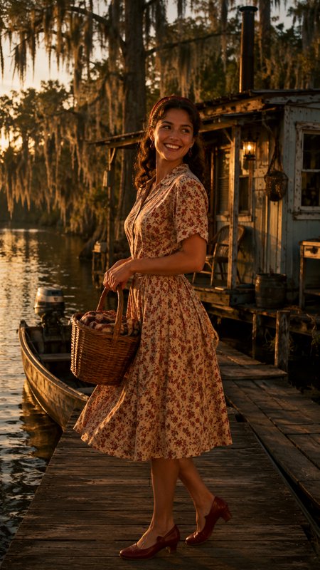 Smiling woman in a vintage floral dress holds a wicker basket on a bayou wooden dock at golden sunset, beside a rustic