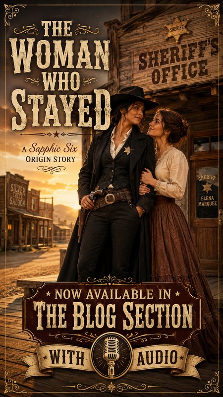 Book cover for sapphic western story The Woman Who Stayed, showing a tender queer couple outside an old west sheriff's