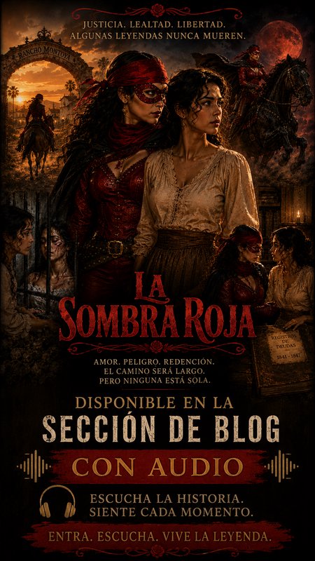 Promotional poster for La Sombra Roja Spanish historical audio story, featuring a masked vigilante lead and period