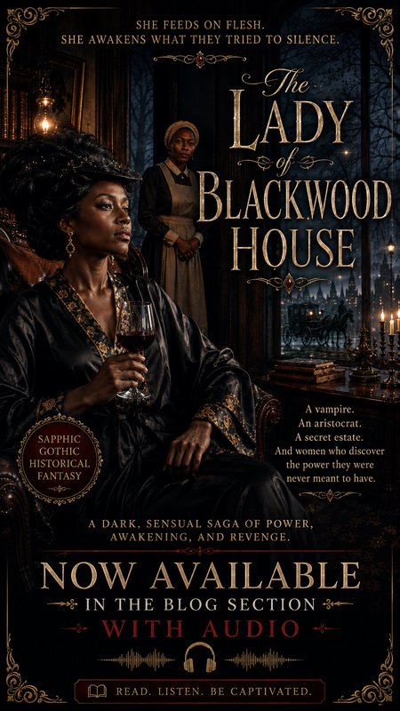 Promotional cover for *The Lady of Blackwood House*, a sapphic gothic historical fantasy featuring a regal seated Black