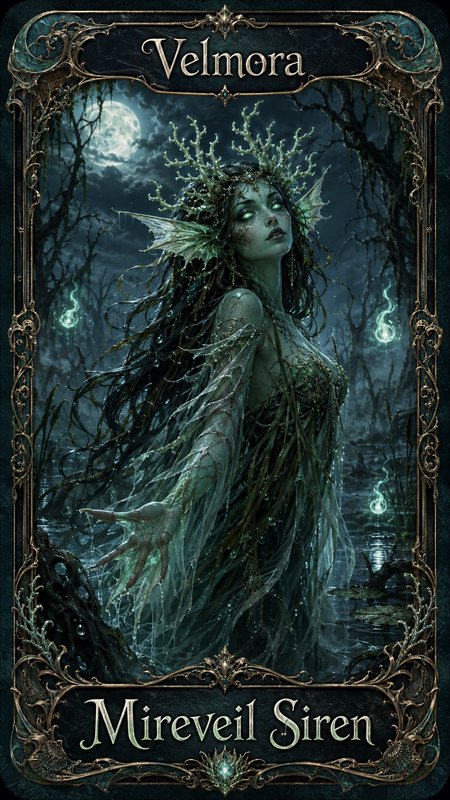 Ornate tarot-style fantasy card depicting Velmora, the Mireveil Siren, standing in a misty moonlit swamp.
