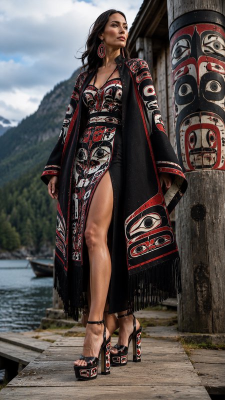 Model in Haida-inspired couture stands on a wooden coastal dock next to a carved totem pole, with a mountain inlet backdrop