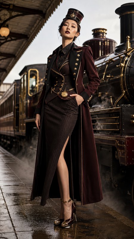 Stylish steampunk woman in conductor uniform stands on wet historic platform beside vintage steam train at a Victorian