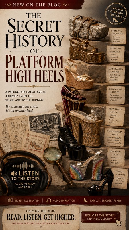 Promo fashion blog graphic displaying the evolution of platform high heels across historical eras arranged on ascending