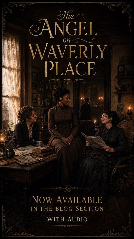 Book cover art for The Angel on Waverly Place depicting three Victorian women gathered in a candlelit period parlor