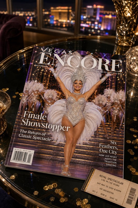 Vegas Encore magazine with a showgirl cover rests on a luxury glass table, alongside a VIP show ticket, gold coins, and