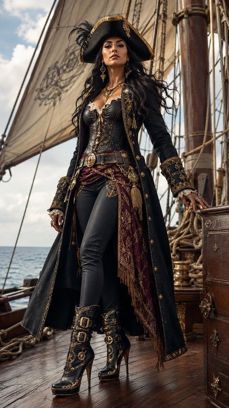 Confident female pirate captain in ornate regalia stands on the wooden deck of a tall sailing ship on the open ocean.