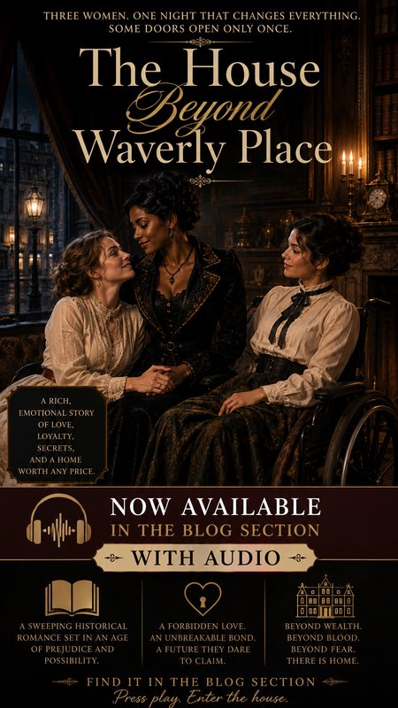 Promotional book cover for *The House Beyond Waverly Place*, featuring three 19th century women in a candlelit Victorian