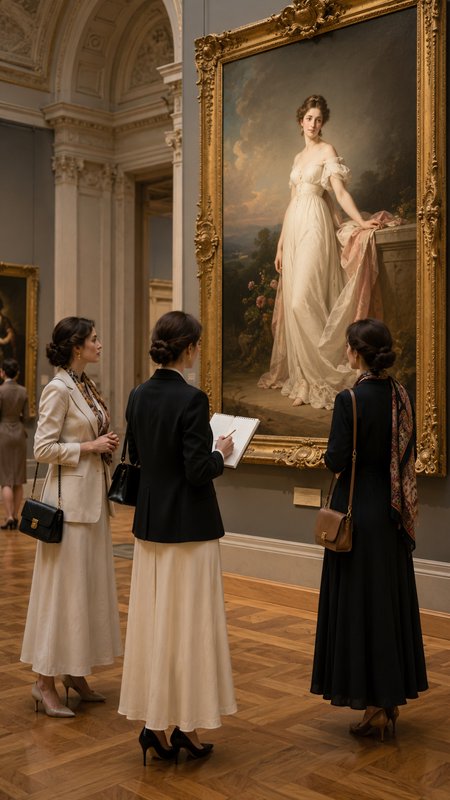 Three elegantly dressed women view an ornate gilded framed 19th century portrait in a grand classical art museum gallery.