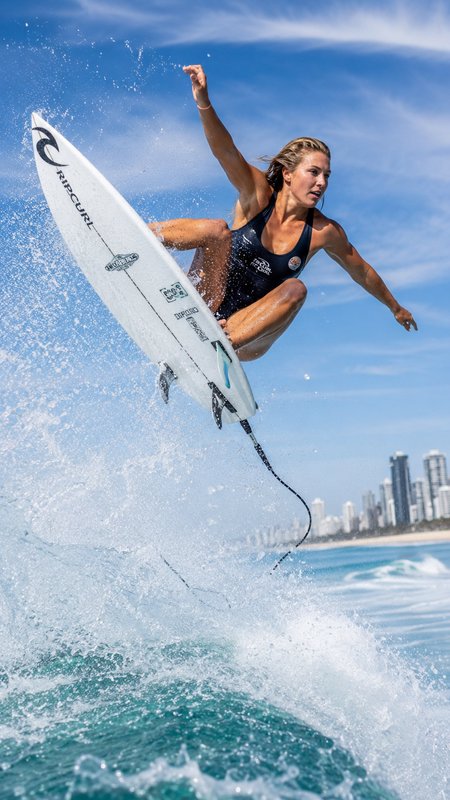 Female pro surfer catching air mid-aerial trick on a white surfboard above turquoise ocean, coastal city skyline in