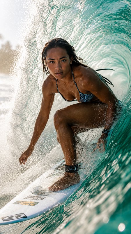 Female surfer crouches on a surfboard riding inside a curling turquoise barreling ocean wave, looking directly at the camera