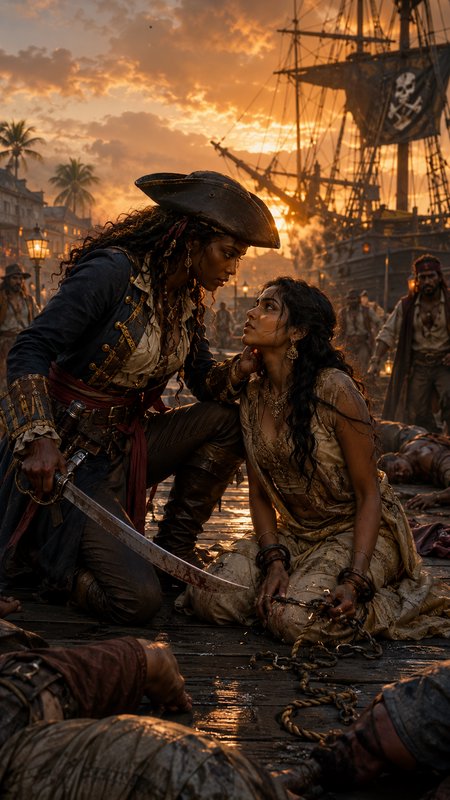 Female pirate captain holding a cutlass confronts chained captive woman on a waterfront dock at golden sunset, Jolly