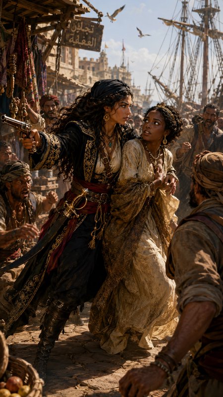Fierce female pirate captain points a flintlock while protecting a noble woman in a crowded sunlit 18th century port market