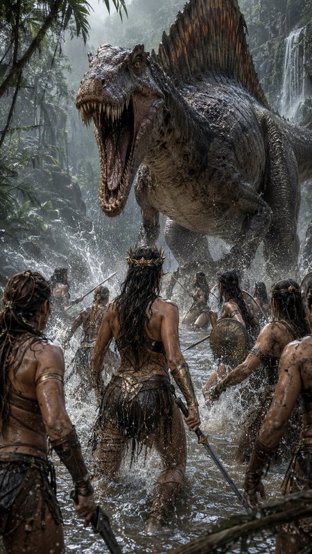 Fierce Amazon warrior women face off against a roaring spinosaurus advancing through shallow jungle river waters.