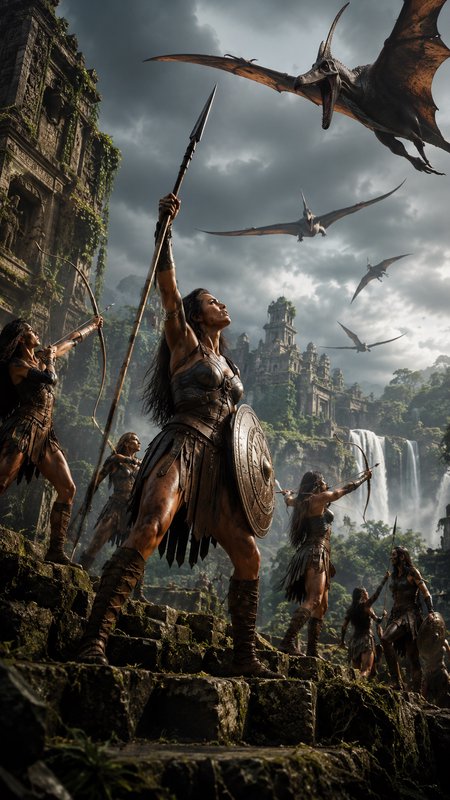 Amazon warrior women defend mossy ancient jungle ruins from swarming attacking pterodactyls under a stormy cloudy sky.