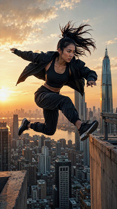 Young female parkour athlete mid-jump between skyscraper rooftops, glowing golden sunset over sprawling city skyline