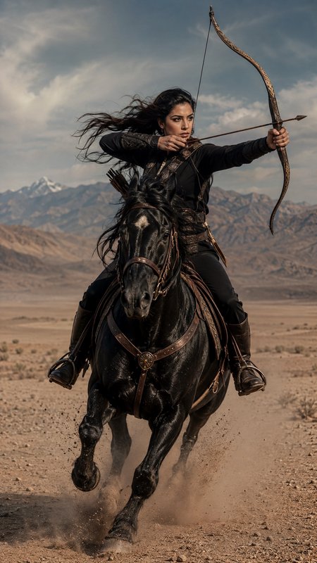 Female warrior archer draws an ornate bow while riding a galloping black horse across a desert mountain landscape.