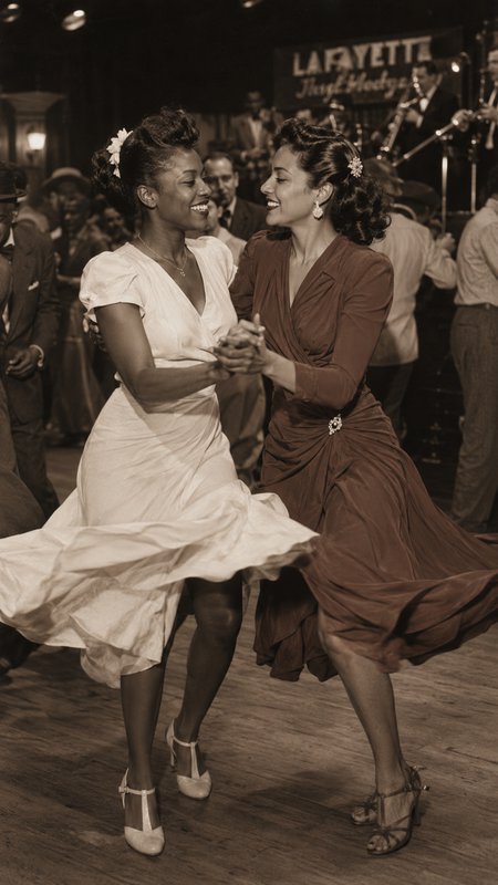 Sepia vintage photo of two smiling women swing dancing together at a 1940s Lafayette jazz ballroom.