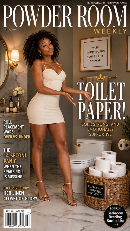 Humorous Powder Room Weekly satirical magazine cover, with a stylish woman gesturing to a toilet paper emergency basket