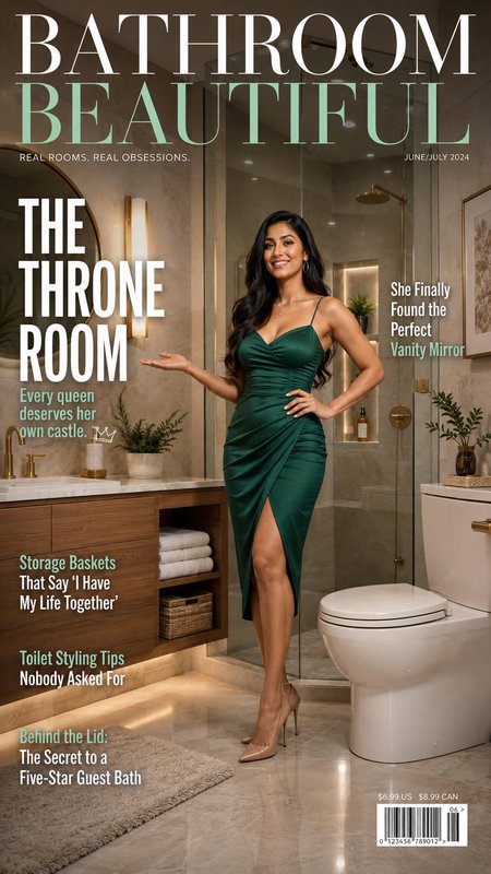 "Bathroom Beautiful magazine cover with a smiling woman in an emerald gown posing in a luxury modern bathroom"