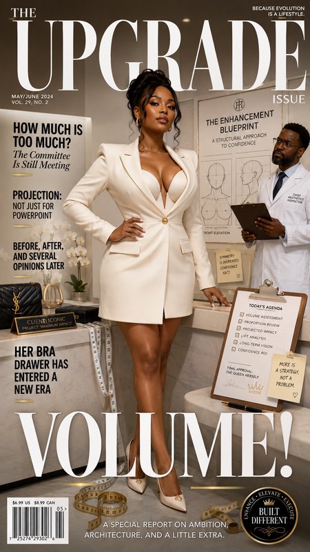 The Upgrade Issue May/June 2024 magazine cover featuring glamorous Black woman in cream blazer dress at an aesthetic clinic
