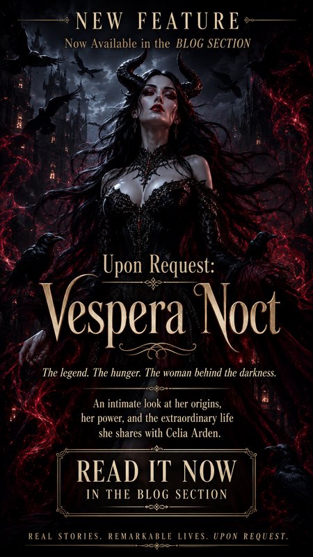 Promotional dark fantasy graphic featuring horned gothic character Vespera Noct, ravens, gothic castle, and blog