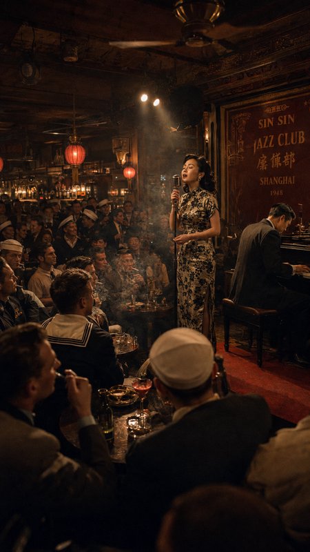 1945 Shanghai jazz club scene, woman in floral qipao sings on stage while a pianist plays for a packed audience of
