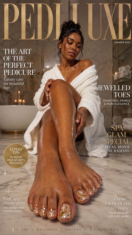 PEDILUXE Summer 2024 beauty magazine cover showing a woman displaying ornate jeweled pedicure in a luxury marble spa
