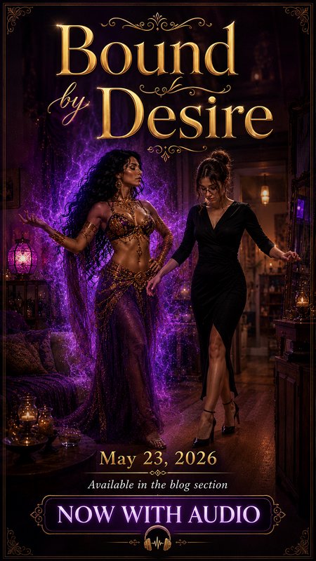 Bound by Desire sapphic paranormal romance book cover featuring glowing purple magic, two lead characters, and audio