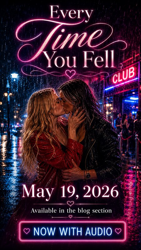 Romance book cover showing two women kissing in rain outside a neon lit nightclub, titled Every Time You Fell