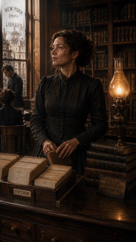 Victorian era female librarian stands at the desk of 1895 New York Free Library, holding a book next to a wooden card
