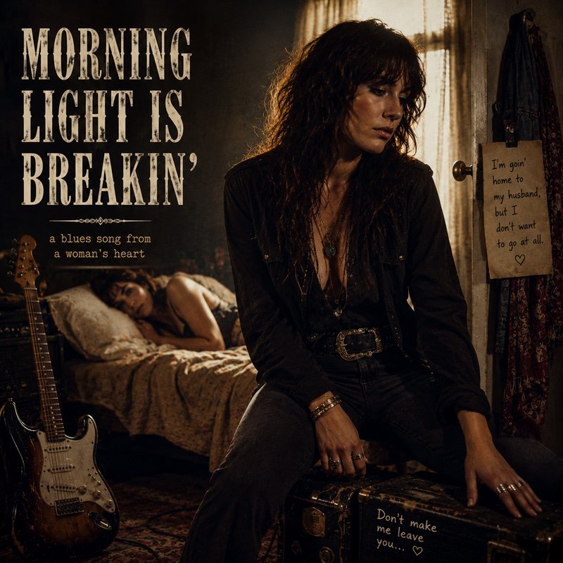 ["Morning Light is Breakin'" blues album cover, moody concept art of a conflicted woman in a sunlit vintage bedroom]