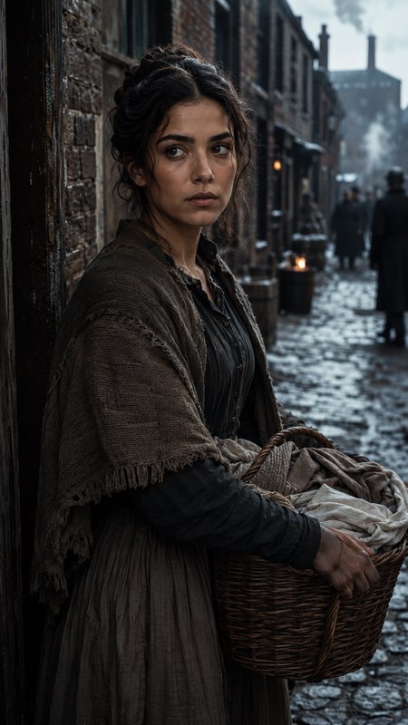 Victorian working class woman holding a laundry basket stands on a foggy wet cobblestone 19th century city street