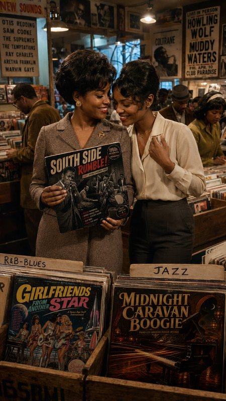 Two smiling Black women share a warm moment browsing vintage vinyl while holding an album in a cozy 1950s record store.