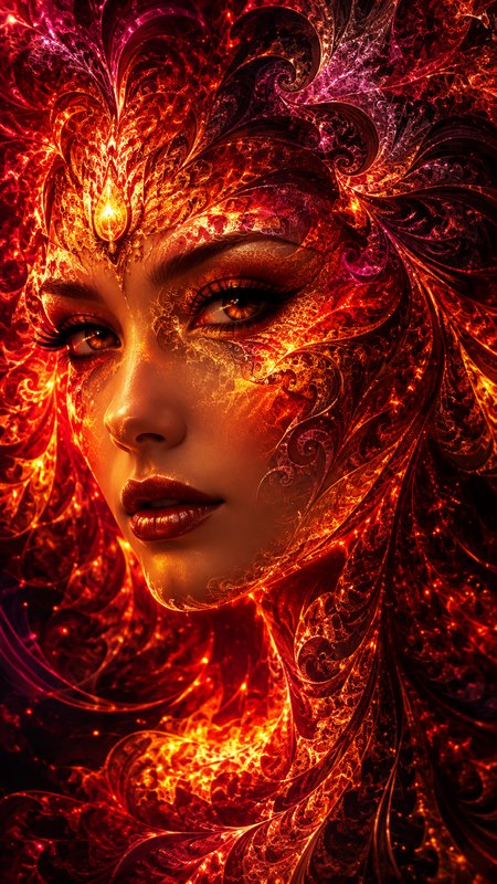 Close-up portrait of a glowing fiery fantasy goddess framed by intricate swirling fractal filigree in red, orange, and