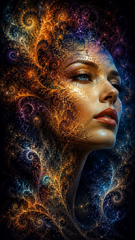[Surreal portrait of a woman with intricate glowing fractal patterns blending into her face, hair, and neck in cosmic gold...