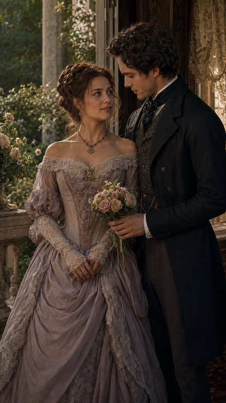 Tender Victorian couple in formal period attire share an intimate moment on a sunlit garden balcony holding a rose bouquet.