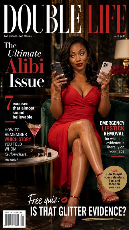 Satirical "Double Life" parody magazine cover of a glamorous Black woman in a red gown holding two separate smartphones