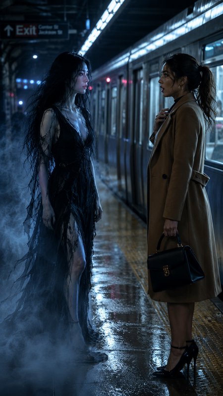 Startled commuter confronts a mist-shrouded ghostly woman on a dim, wet urban subway platform at night