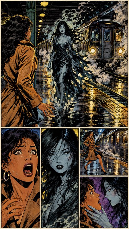 Supernatural horror comic page showing a startled woman encountering a ghostly spectral figure on a wet subway platform.