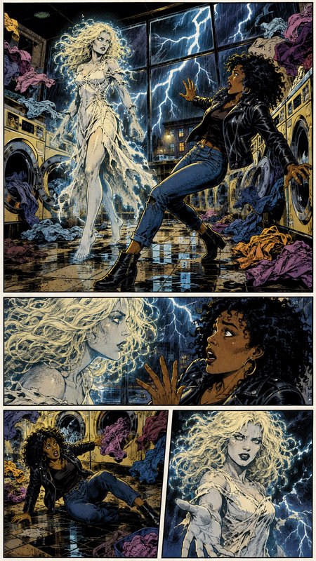 [4-panel comic page showing a surprised woman encountering a glowing lightning-wreathed spirit in a stormy flooded laundro...