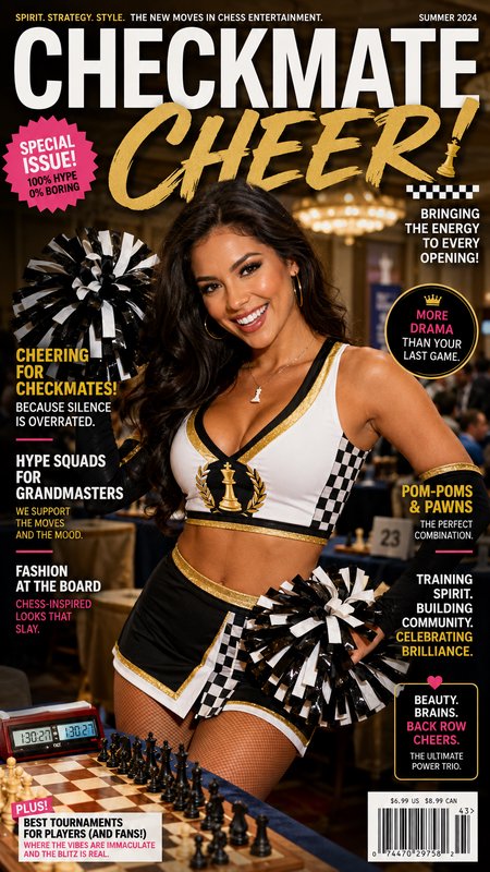 Summer 2024 "Checkmate Cheer!" magazine cover with a smiling chess-themed cheerleader holding pom poms next to a