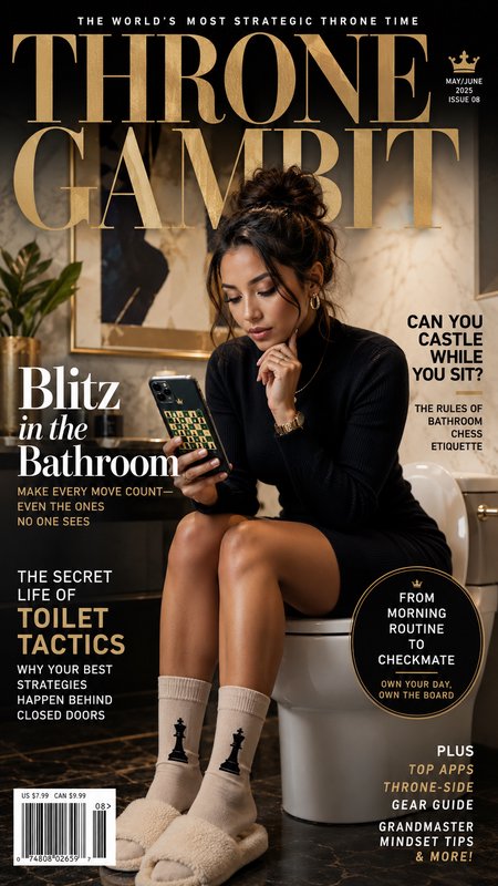 Satirical Throne Gambit magazine cover showing a stylish woman on a toilet using a chess app, elegant gold and black design.