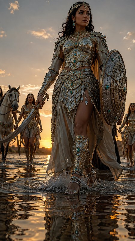 [Regal female warrior queen in jeweled gilded armor holds sword and shield, leading her retinue across shallow river at go...