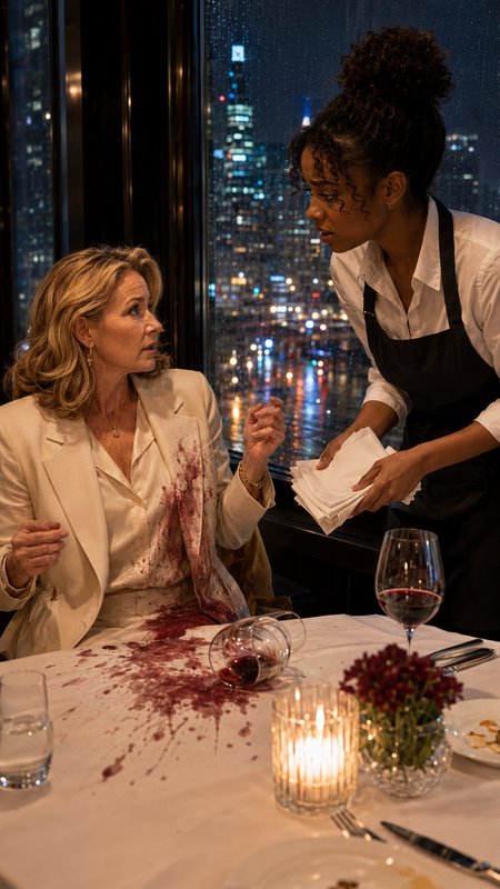 Shocked diner with red wine spilled on her cream suit speaks to a waitress at a rainy high-rise rooftop restaurant at night