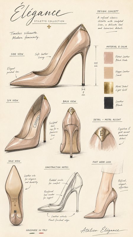 Technical fashion sketch sheet for elegant blush nude stiletto high heel pumps, with multi-view drawings, design specs