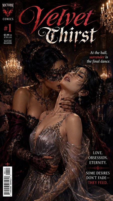 Velvet Thirst #1 comic cover, masked vampire woman poised to bite another masked guest at an opulent masquerade ball