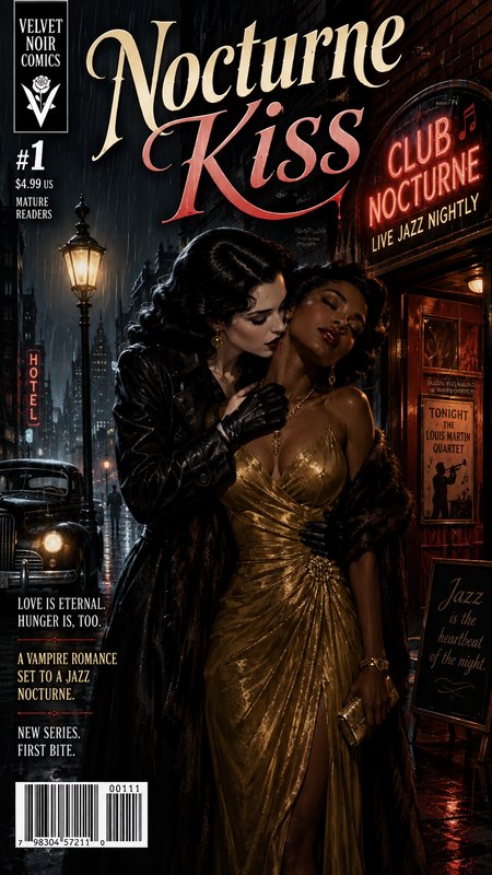 [Nocturne Kiss #1 comic cover, sensual noir vampire romance scene outside a rainy 1940s jazz club at night]