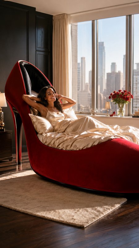 Smiling woman relaxing in a plush red high-heel shaped statement bed in a sunlit luxury high-rise penthouse bedroom