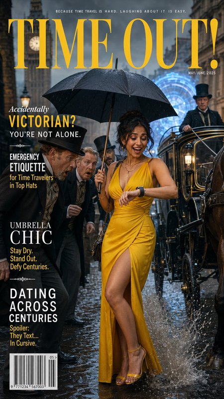 Humorous satirical Time Out! magazine cover of a time traveler in a yellow gown checking her smartwatch in rainy Victorian...